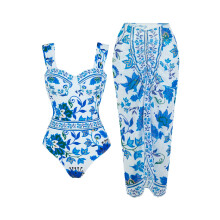 2 Piece Bathing Suit for Women High Waisted One Piece Swimsuit Monokini with Maxi Skirt Cover Up Boho Floral Swimwear