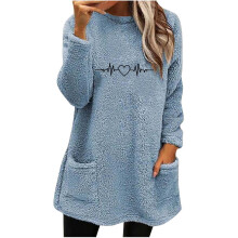 Dame Fuzzy Fleece Pullover Trendy Rund Hals Langærmet Print Sherpa Tunika Sweatshirts Casual Sød Vinter Varm Tunika Toppe