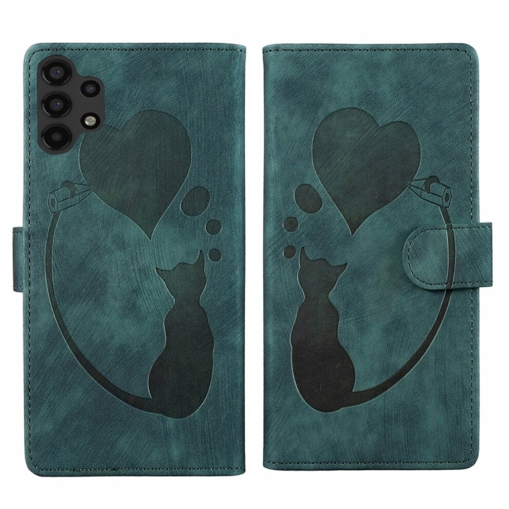 Compatible With Samsung Galaxy A13 4G/5G & A04 6.5" Pu Leather Flip Wallet Case With Magnetic Closure, Card Slots & Cat Emboss Green 9485826575276
