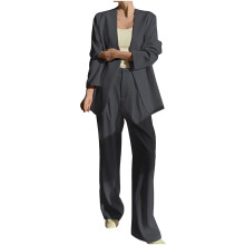 Women's Casual Lattice Color Suit Long Sleeve Blazer and Long Pants Two-piece Set Dark Gray