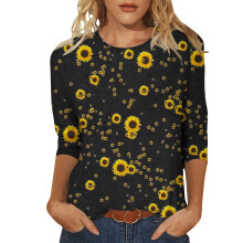 Camiseta de manga tres cuartos con cuello redondo para mujer, camiseta estampada floral, blusas de moda, camisetas con estampados para uso diario.