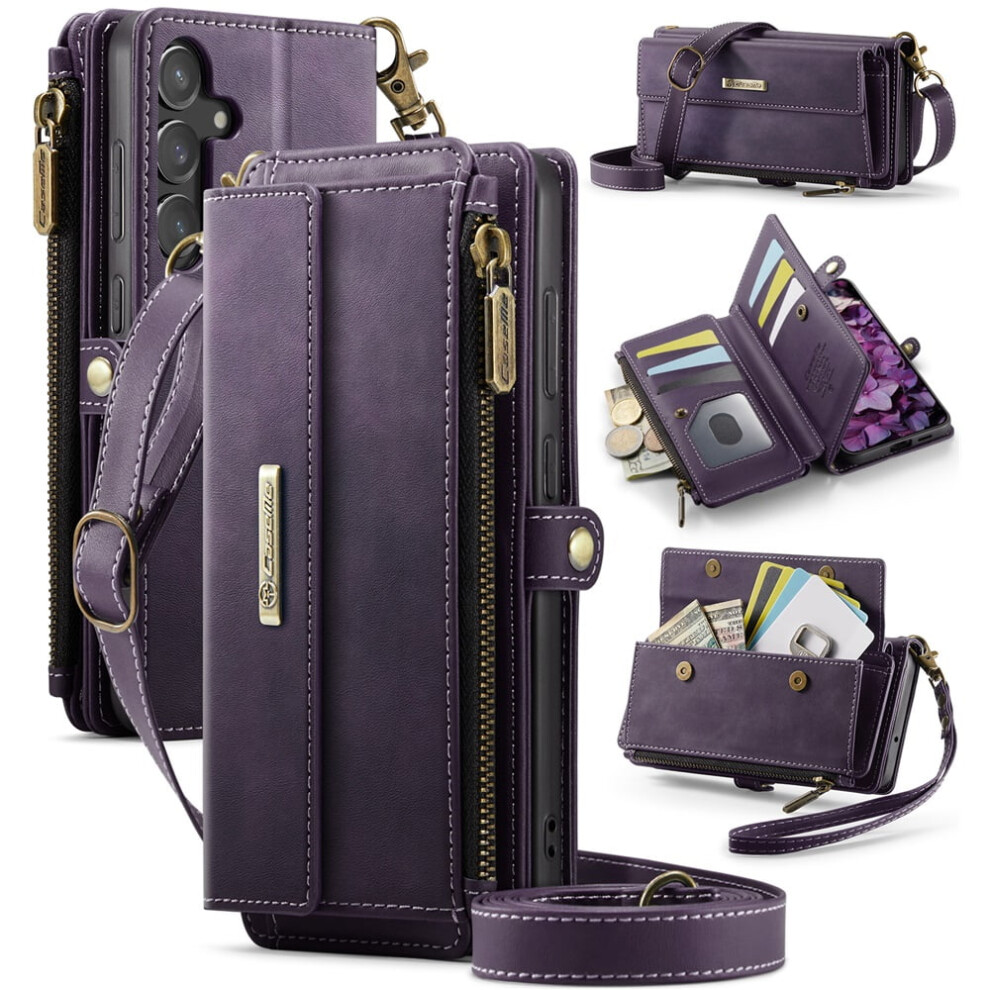 Caseme Wallet Case For Samsung Galaxy S23 Fe 5G – Rfid Blocking Pu Leather Flip Cover With Kickstand, Wrist Strap, Zipper & Card Slots, Purple 9485826576655