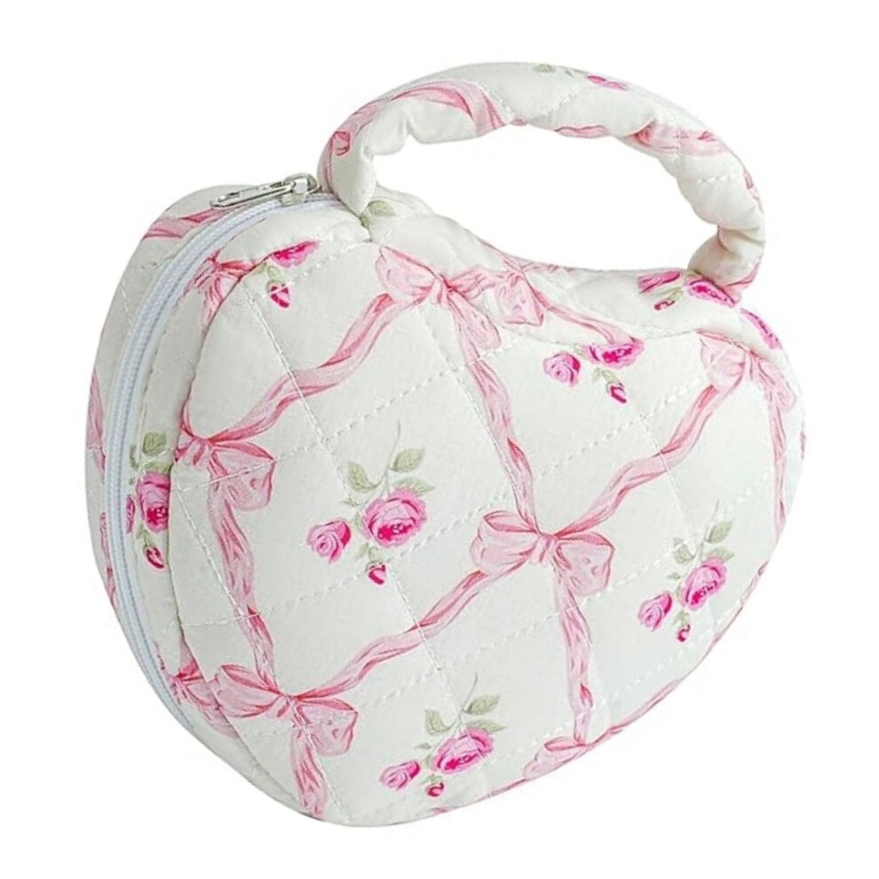 Quilted Heart Design Cosmetic Bag, Makeup Storage For Women Girls Travel Toiletries