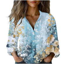Women's Long Sleeve Boho Floral Top V-Neck Button-Up Loose