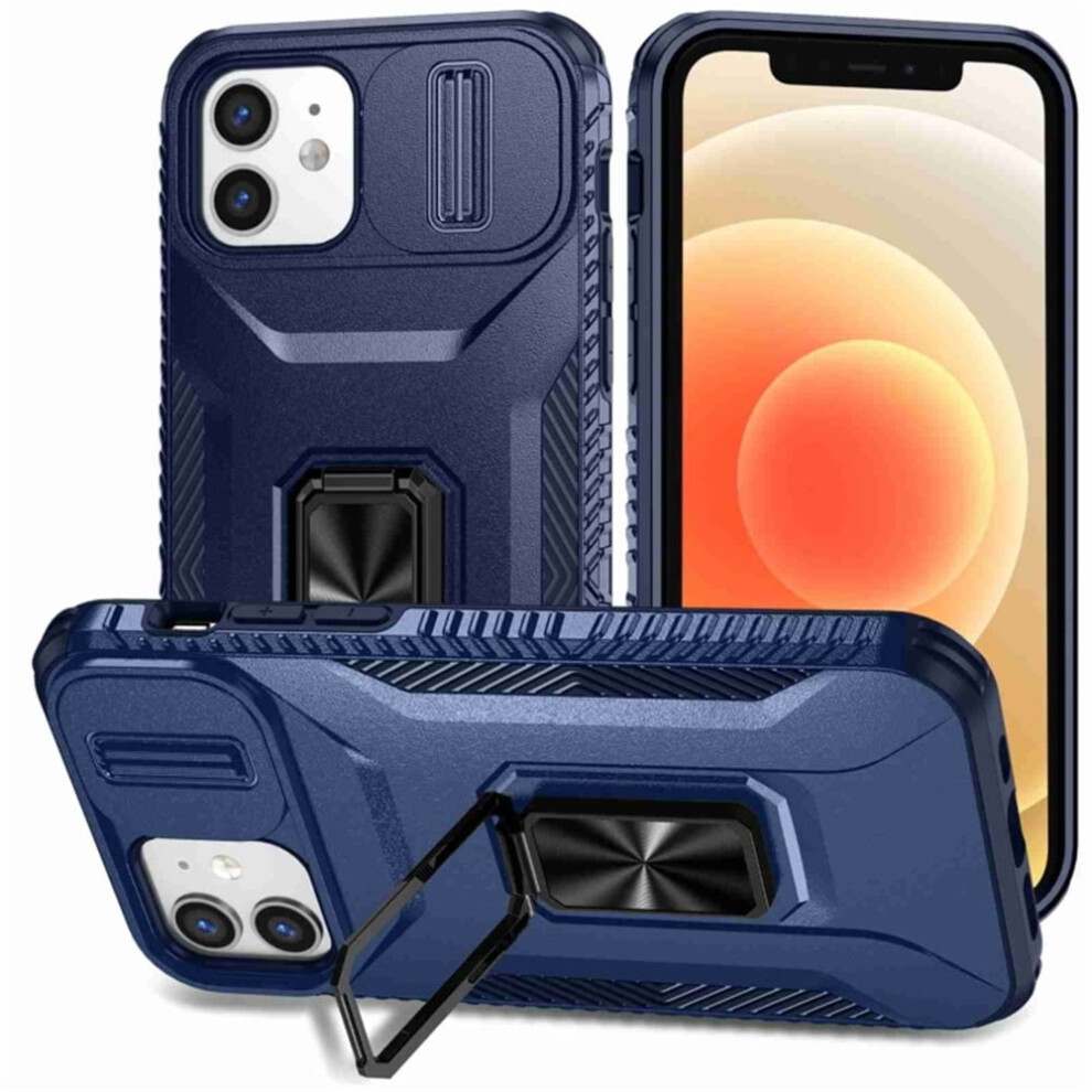 Slim Shockproof Hybrid Case For Iphone 12/12 Pro—Slide Camera Cover, Rotating Ring Kickstand, Military-Grade, Blue 9485826578055