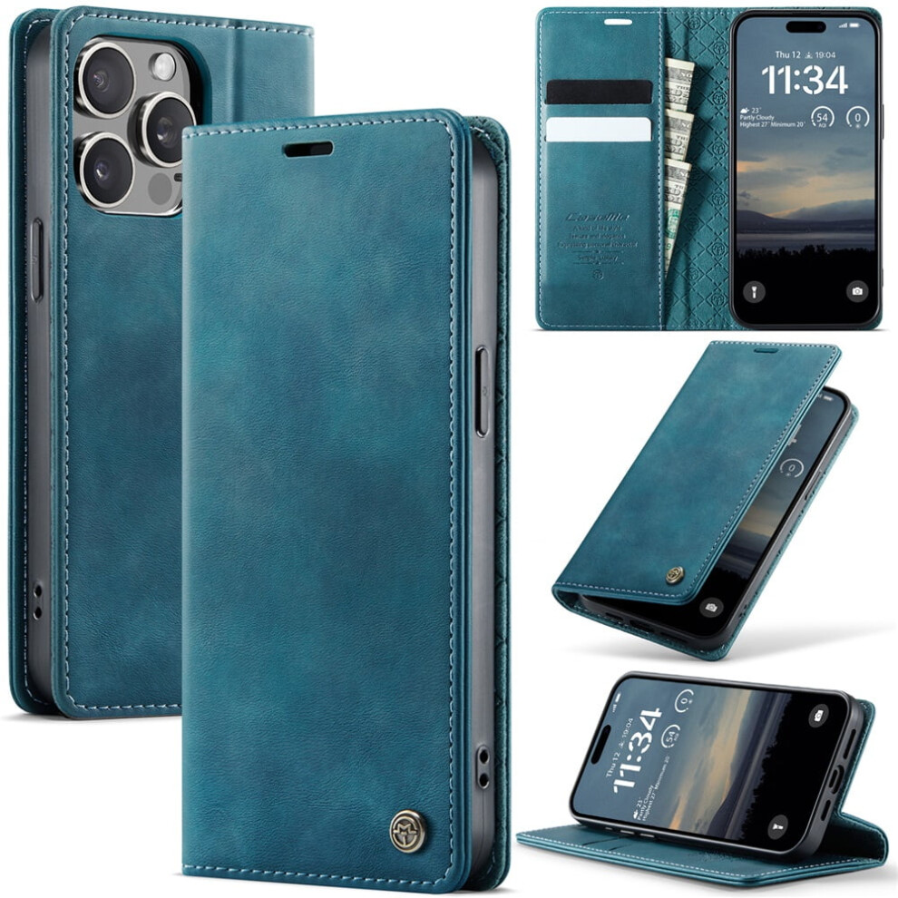 Caseme Calf Leather Wallet Case For Iphone 13 Pro Max 6.7" Â Rfid Blocking, Magnetic Closure, Card/Cash Slots, Kickstand, Shockproof, Blue 9485826578925