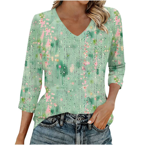 Top da donna a maniche a 3/4, camicie casual con scollo a V, magliette basic morbide, camicette da lavoro