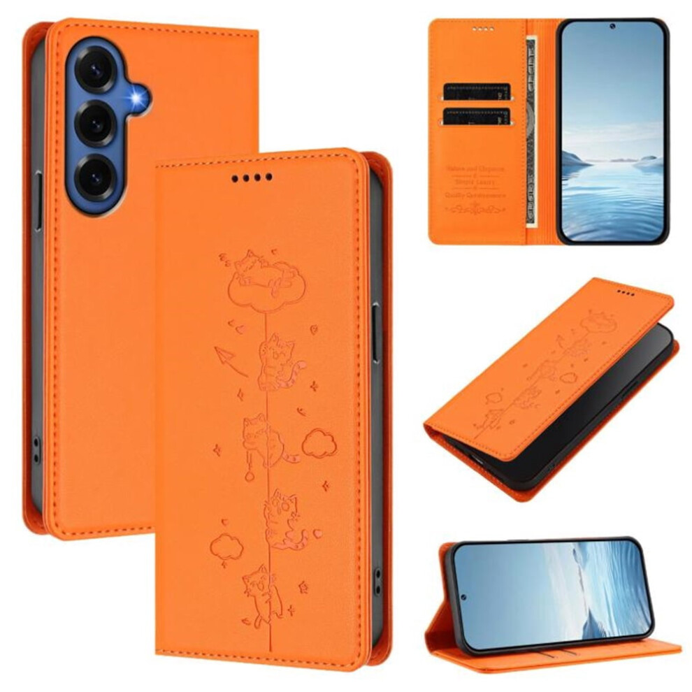 Leather Flip Wallet Case For Samsung Galaxy S26+ 5G Â Rfid Blocking, Playful Cats Embossing, Magnetic Closure, Card Holder, Orange 9193271777175