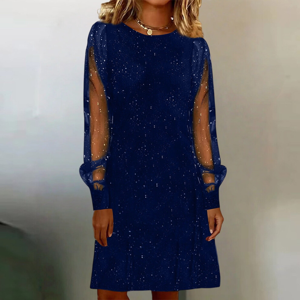 Women's Blue Sequin Glitter Bodycon Midi Dress with Sheer Mesh Sleeves – Sparkly Evening Dress for Party, NYE, Club – Compatible with S