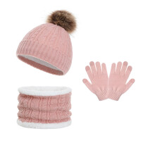 Winter Knit Set, Fleece Lined Cuffed Beanie with Pom Pom, Matching Scarf & Gloves, 3-Piece Thickened Winter Set, Skiing Accessories Pink