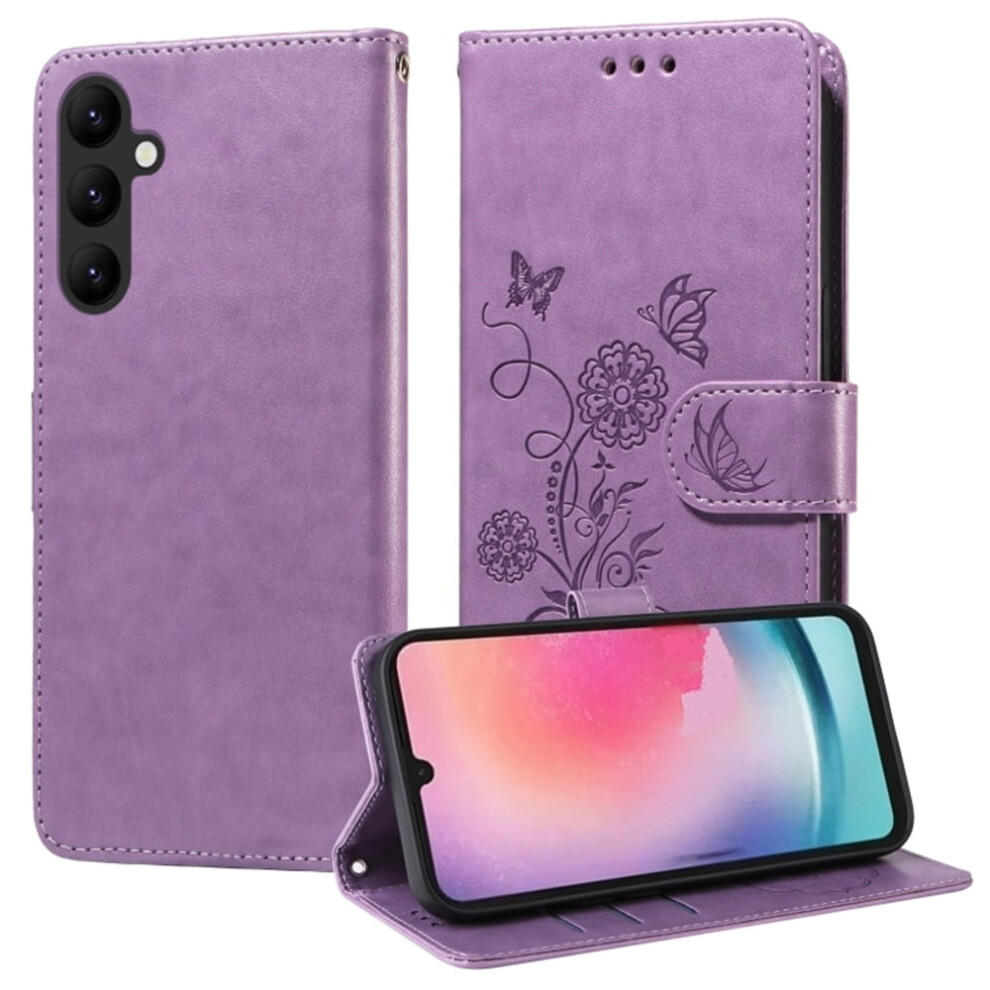 Embossed Butterfly Flower Flip Case For Samsung Galaxy A24 5GâShockproof, Kickstand, Card & Cash Slots Purple 9485826578987