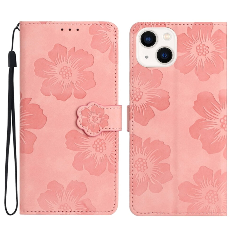 Flower-Embossed Leather Flip Wallet Case For Iphone 14 Â 3-Card Holder, Magnetic Closure, Detachable Wrist Strap, Shockproof, Pink 9418476637827