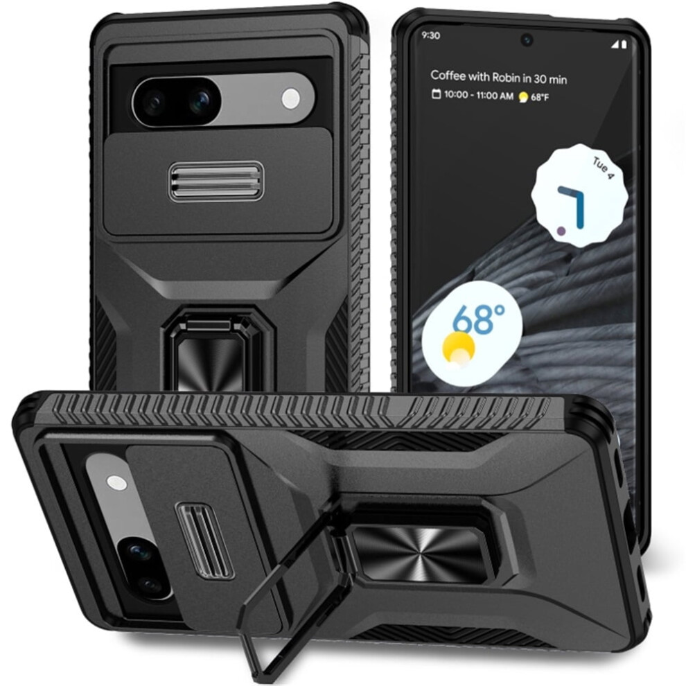Slim Shockproof Hybrid Case For Google Pixel 7A – Slide Camera Cover, Rotated Ring Kickstand, Military-Grade, Compatible With Google Pixel 7A Black 9193271779872