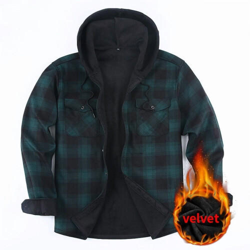 Men's Fleece-Lined Hooded Jacket Checkered Button-Up Long