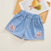 Girls Summer Denim Pleated Skirt Bow Lace Trim Elastic Waist Casual Cute Short Skirt with Pockets