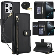 RFID Blocking Wallet Case for iPhone 15 Pro 6.1" – Shockproof, Multi-Card Slots, Zipper Pocket, Detachable Shoulder & Wrist Straps, Black