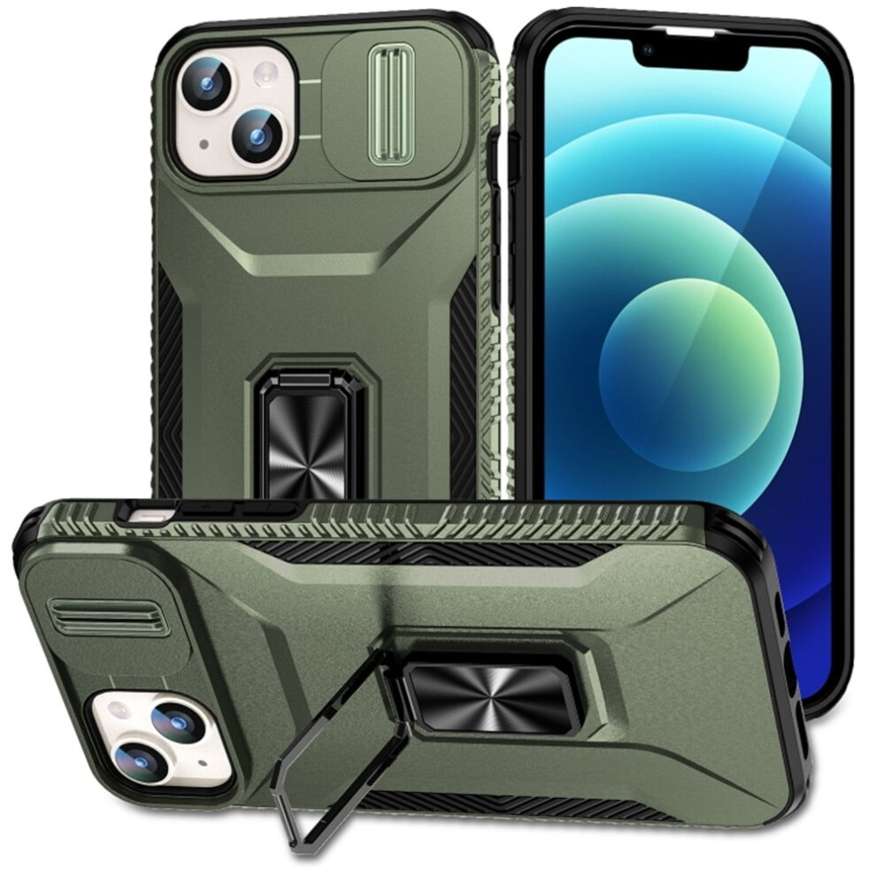 Slim Shockproof Hybrid Case For Iphone 15 Plus (6.7") – Slide Camera Cover, Rotated Ring Kickstand, Military-Grade, Alpine Green 9193271776628