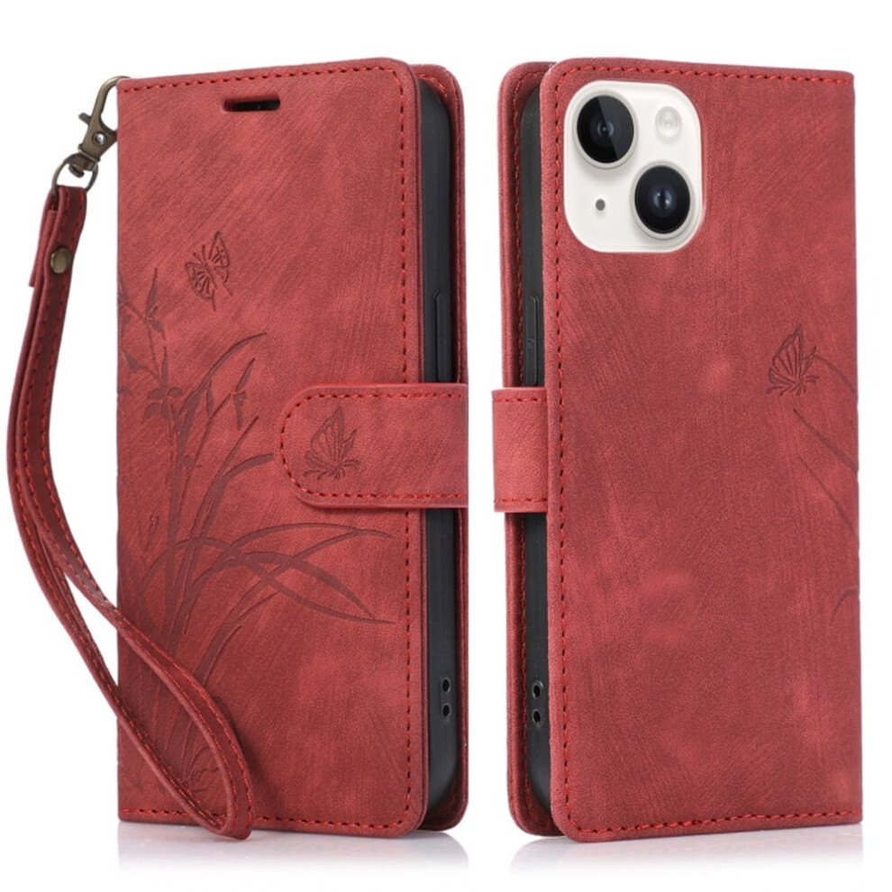 Orchids & Butterflies Embossed Leather Flip Wallet Case With Card Holder & Magnetic Closure, Â Compatible With Iphone 15 Red 9418476639715