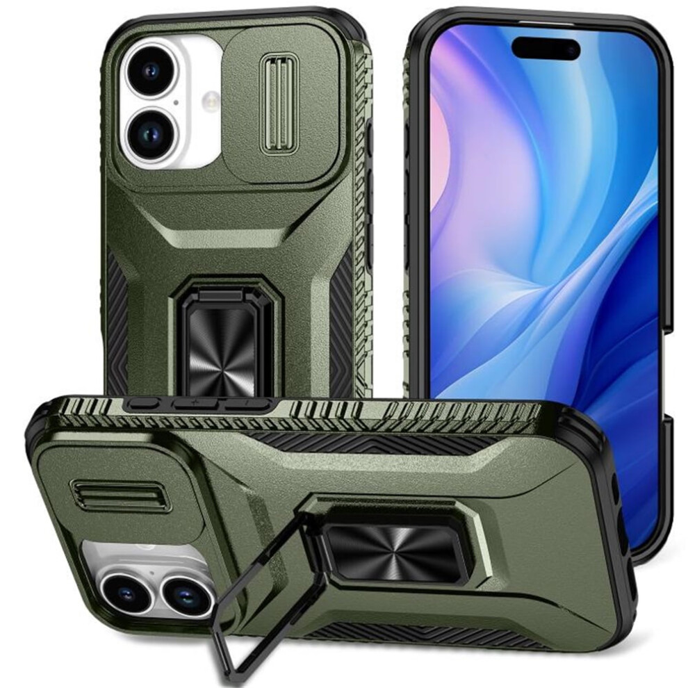 Shockproof Hybrid Case For Iphone 17 Slim Fit: Slide Camera Cover, Rotated Ring Kickstand, Military-Grade, Alpine Green 9193271776284