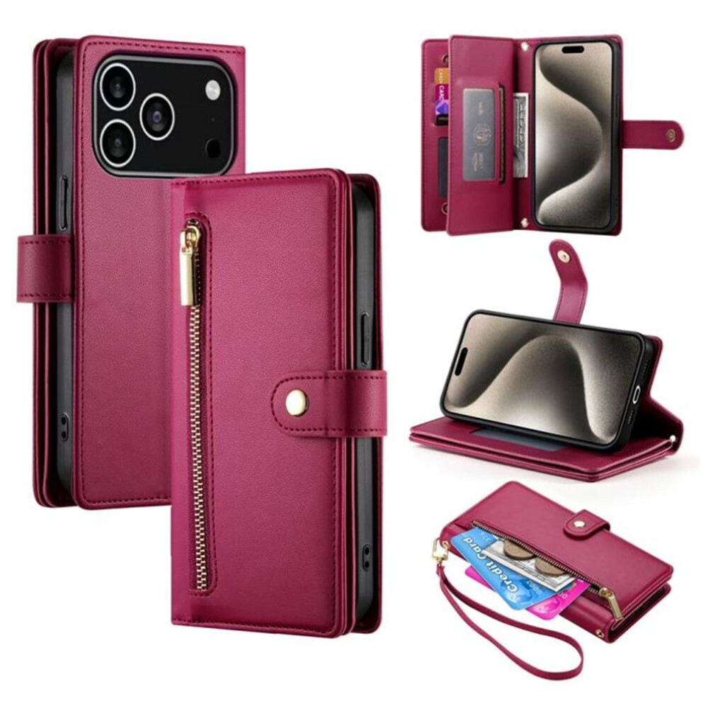 Leather Wallet Case For Iphone 17 Pro 6.3" Â Multi-Card Slots, Zipper Pocket, Lanyard Strap, Wristlet Â Compatible With Iphone 17 Pro Red 9418476641060