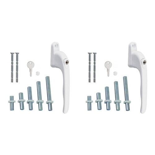 2X Window Handle, for Windows, White, Universal Window Handle, Flat Handle, Key Lock, for Double Glazing