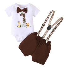 Conjunto de roupa para bebê menino para o primeiro aniversário, macacão + jardineira, macio, duas peças, marrom, 12-18 meses.