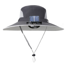 Cappello a secchiello da uomo a tesa larga con protezione UPF50+ e ventilatore solare USB integrato – ideale per pesca, golf e attività all'aperto.