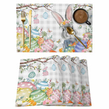 Jogo de 12 jogos americanos com coelhinho da Páscoa, estampa floral de primavera com ovos e galhos, xadrez cinza, antiderrapante, lavável – para