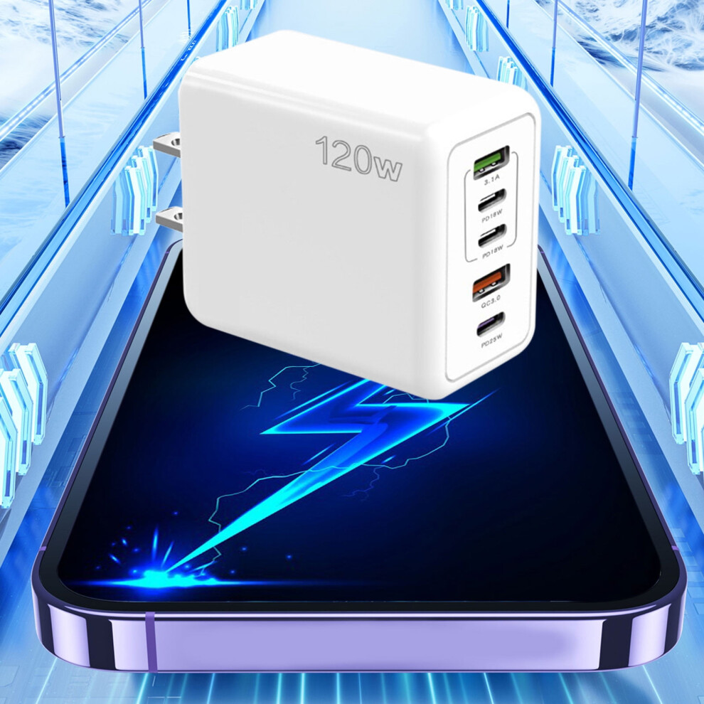 120W Pd Fast Charger With 2Usb-A + 3Usb-C Ports, Compact 7.8X5.5x2.8cm, Abs, Overcharge/Overheat Protection White 9551475220543