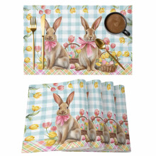 Jogo de 8 jogos americanos com coelhinho da Páscoa, estampa floral xadrez azul com coelhinho da primavera, antiderrapantes e laváveis, ideais para