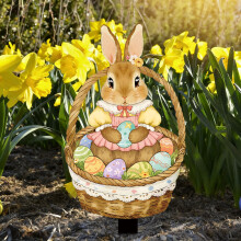 Décoration de jardin en forme de lapin de Pâques avec œuf, idéale pour le printemps.