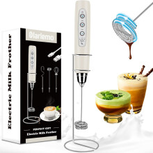 Handheld Milk Frother with Stand, 3 Stainless Whisks, Compatible with Coffee, Lattes, Cappuccino, Matcha, Egg – Beige