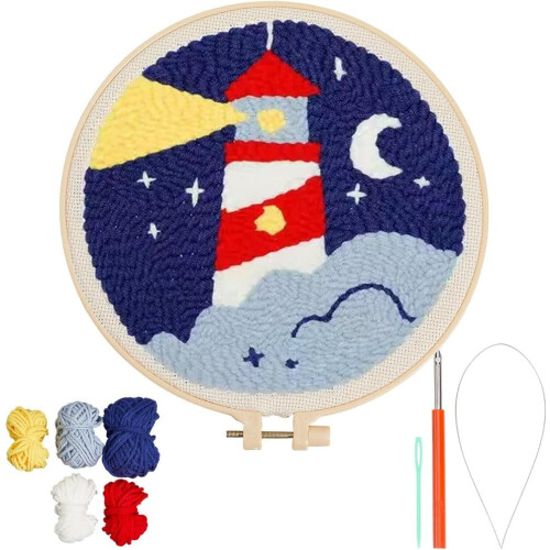 Κιτ χειροτεχνίας Lighthouse Punch με νήμα, ξύλινο κρίκο και σφραγισμένα σχέδια – Δώρα DIY