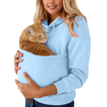 Women's Cat Pocket Pullover Hoodie – Long Sleeve Plus Size Pet Carrier Sweater with Pouch, Blue, XXL