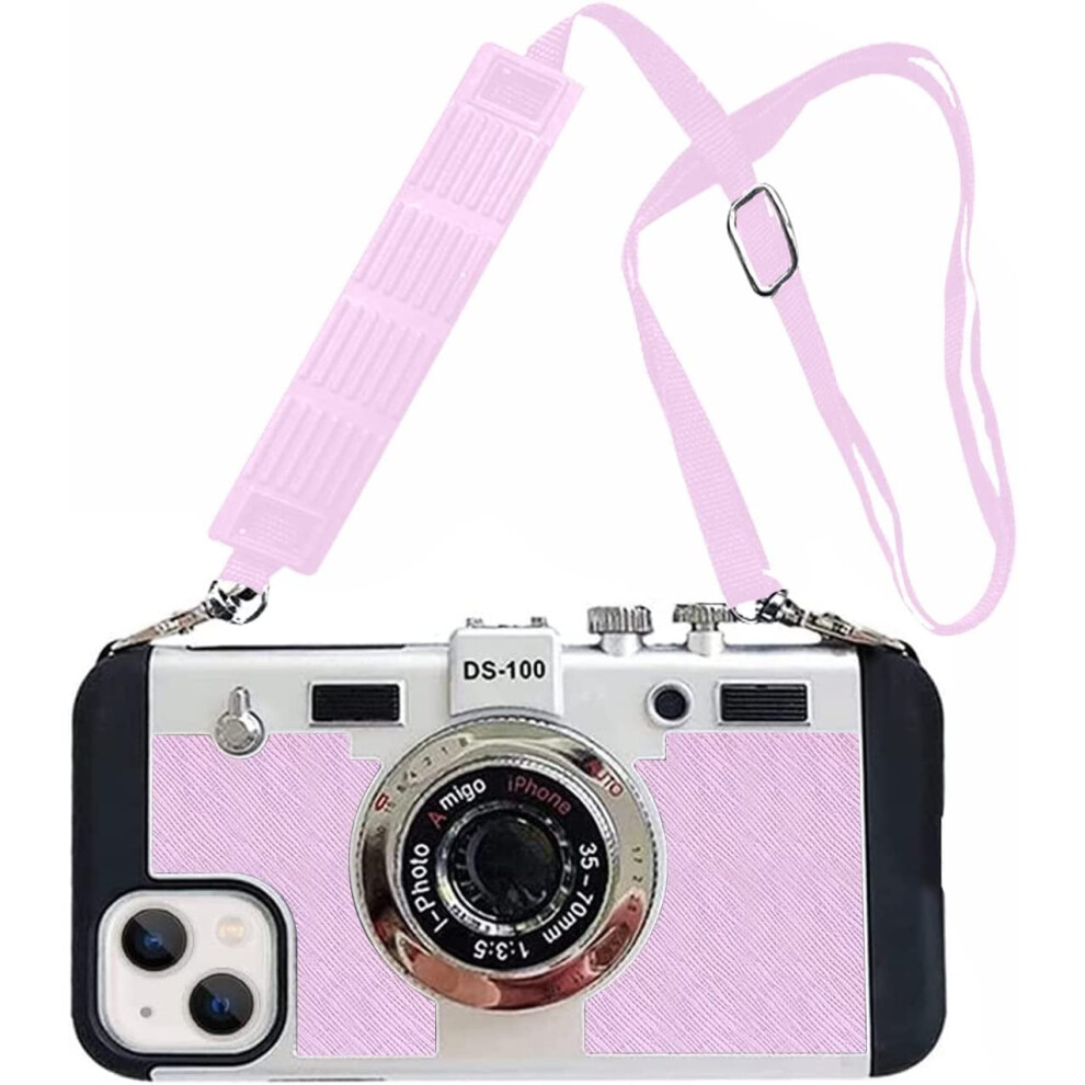 Emily In Paris Phone Case Compatible With Iphone 14 Plus Â 3D Vintage Camera, Soft Silicone, Shockproof, With Lanyard Pink 9085618431126