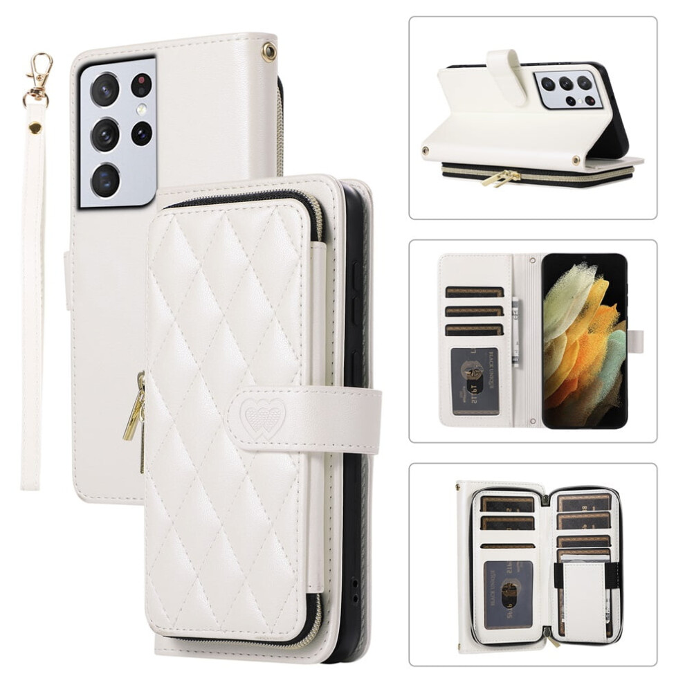 Luxury Leather Wallet Case With Wrist/Shoulder Strap, 9 Card Slots & Zipper Purse For Samsung Galaxy S21 Ultra 5G 6.8" Â White 9418476645679