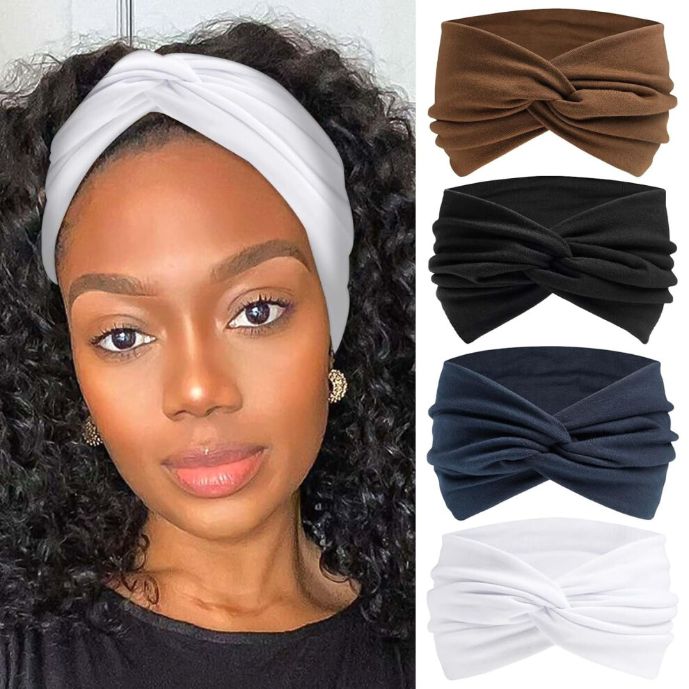 Unisex 4Pcs Extra Wide Headbands For Women, 7'' Large Turban Knotted Bandana Head Bands For Women Non Slip, Boho Headbands For Women's Hair