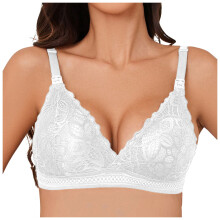 Lace Bra for Women Sexy Deep V Neck Wireless Push Up Bralette Plunge Support Unpadded Bras Everyday Coverage Underwear White, M
