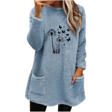Womens Fuzzy Fleece Pullover Trendy Crewneck Long Sleeve Print Sherpa Tunic Sweatshirts Casual Cute Winter Warm Tunics Tops