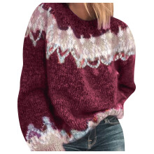 Dámský pletený svetr s potiskem Fair Isle v retro stylu, kulatý výstřih, dlouhý rukáv, ležérní volné topy
