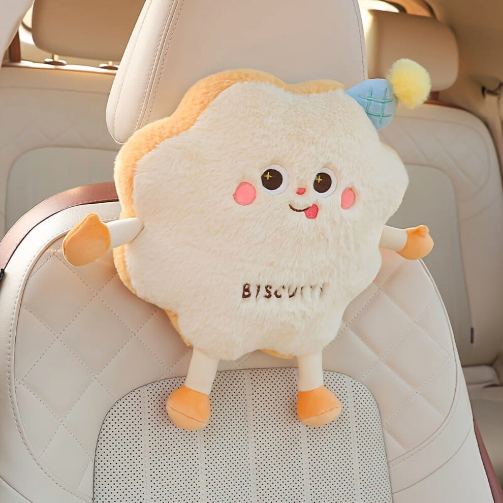 Plush Car Headrest Pillow Â Smiling Biscuit Shape, Soft Marshmallow Top, Adorable Face Â Compatible With Most Cars White 9085618868380