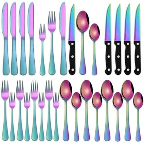 Rainbow 24-Pc Stainless Steel Flatware Set for 4, Includes Steak Knives, Compatible with Modern Kitchens