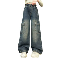 Girls Baggy Jeans Streetwear Denim Cargo Pants Kids Distressed Elastic High Waist Wide Leg Clothes Multiple Pockets 9-10 Years