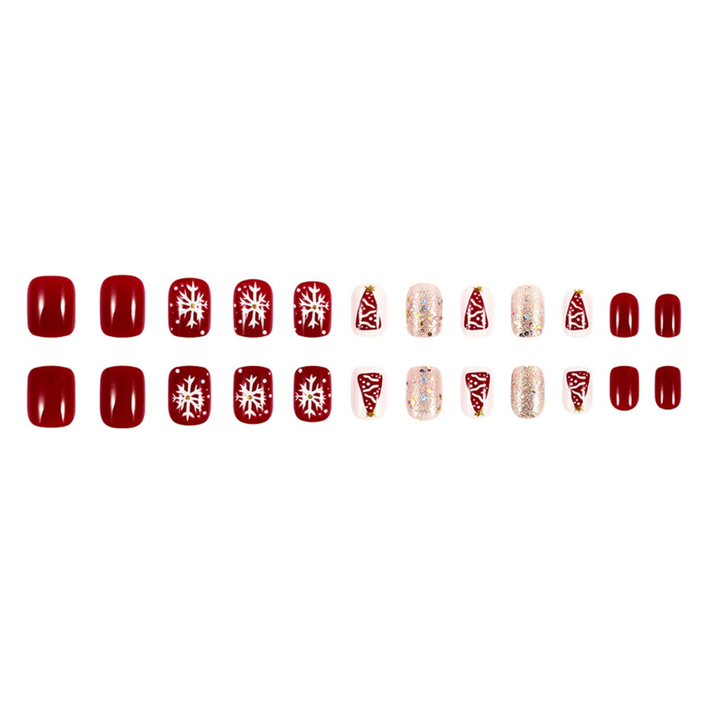 24 Pieces Short Square Press On Nails with Christmas Tree and Snowflake Designs Glittering French Tip for Women Girls