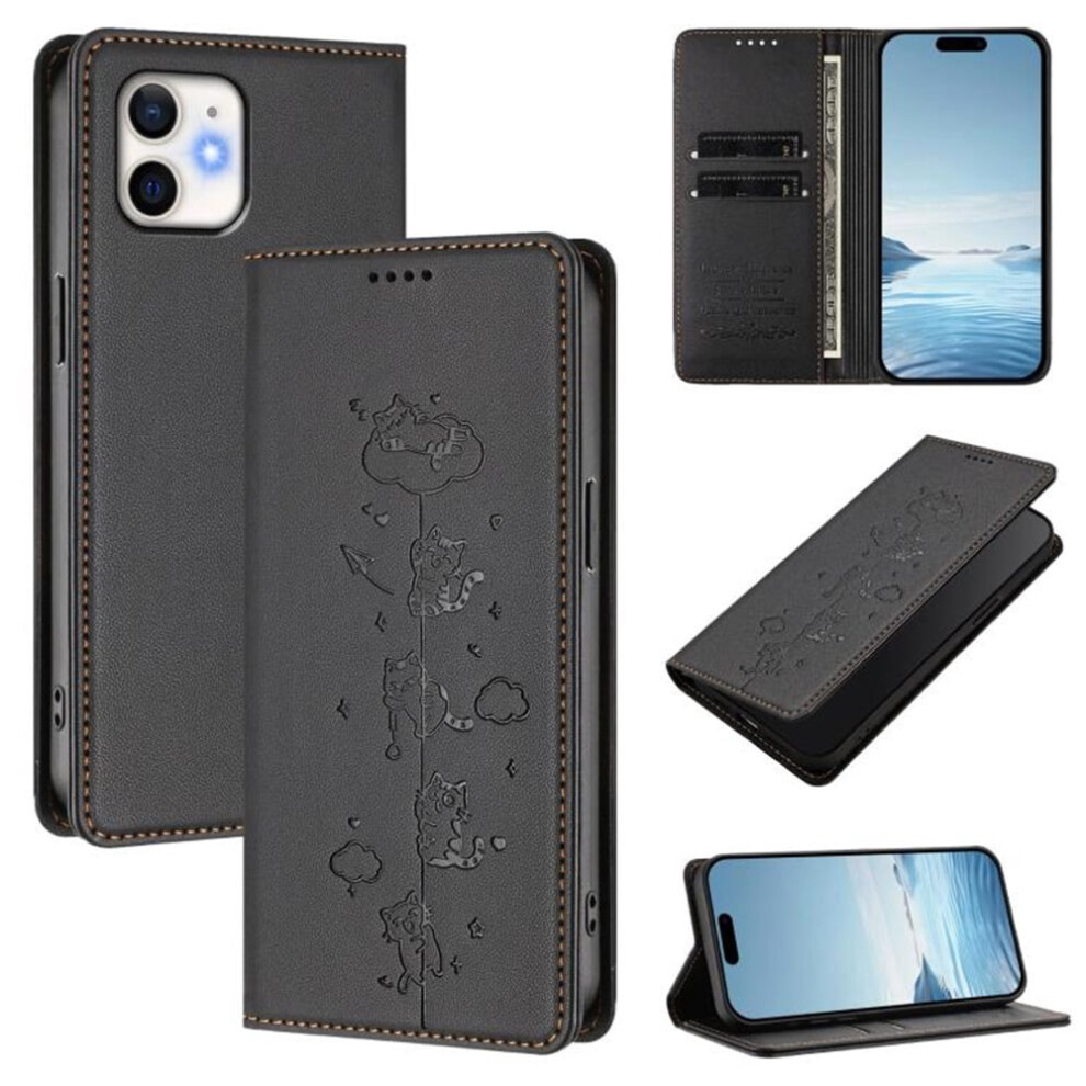 Rfid-Blocking Leather Flip Wallet Case For Iphone 11 Â Playful Cats Embossed, Magnetic Closure, Card Holder, Black 9558633992953