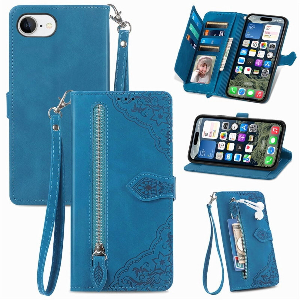Compatible With Iphone 16E 6.1" Wallet Case Â Pu Leather Magnetic Flip, Lanyard Strap, Wristlet & Zipper Card Holder 9193271783244