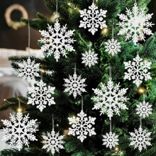 Snowflake Christmas Ornaments Bulk - White Plastic Hanging Snowflake Decorations for Holiday Winter Christmas Tree Party Supplies, 36 Pack