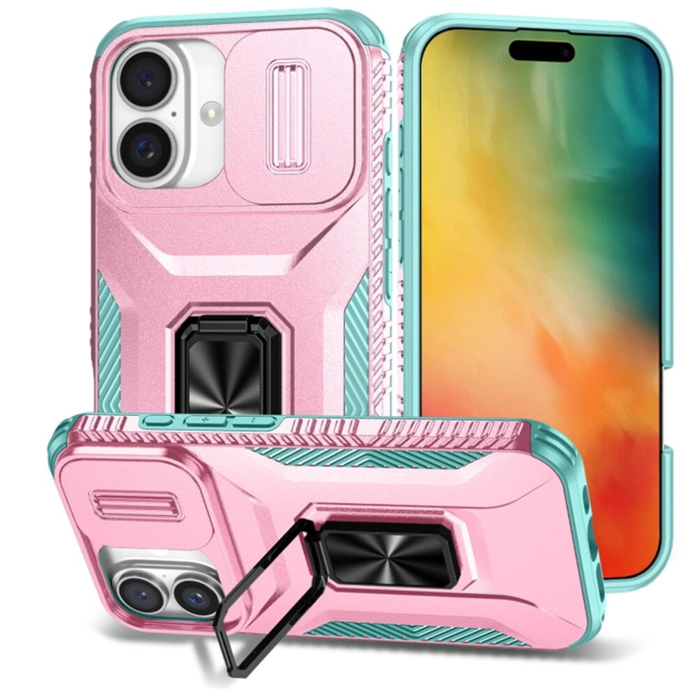 Slim Shockproof Hybrid Case For Iphone 16 PlusâSlide Camera Cover, Rotated Ring Kickstand, Military-Grade, Pink/Green 9558633995084