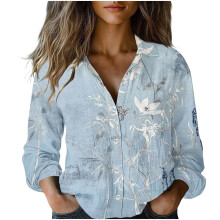 Camisas de manga larga para mujer, estilo vintage boho retro, con estampado floral, tops holgados y ligeros con cuello en V y botones.