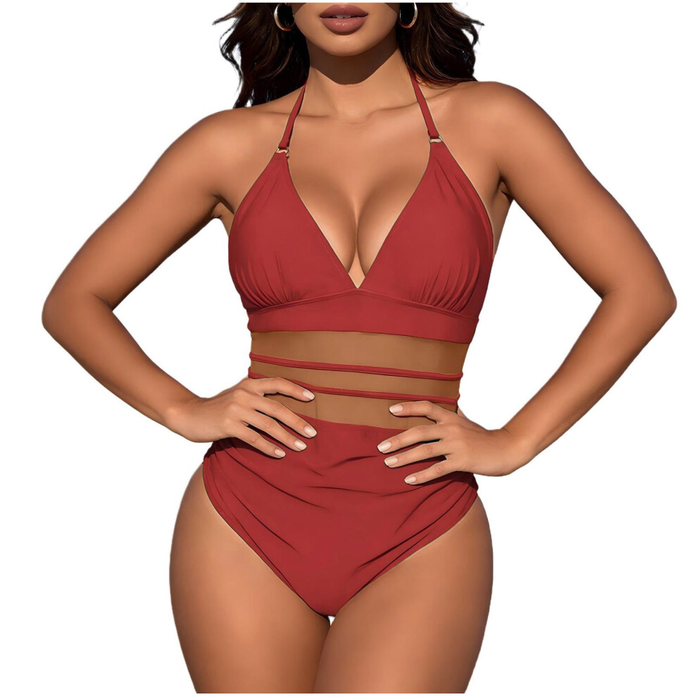Tummy Control Swimsuits for Women Slimming One Piece Bathing Suit Retro Ruched Push Up Halter String Padded Swimwear